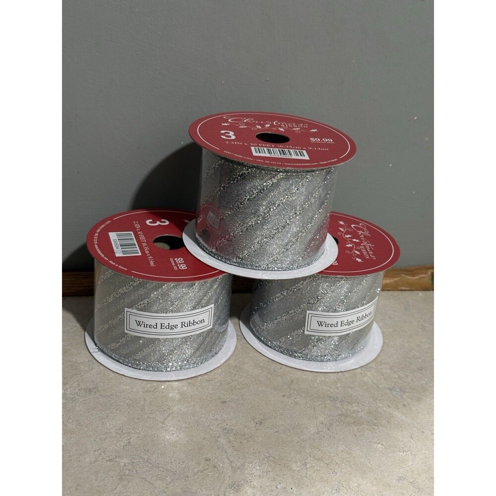 NEW 3 roll wired edge ribbon 2.5" x 30’ silver glitter Robert Stanley
